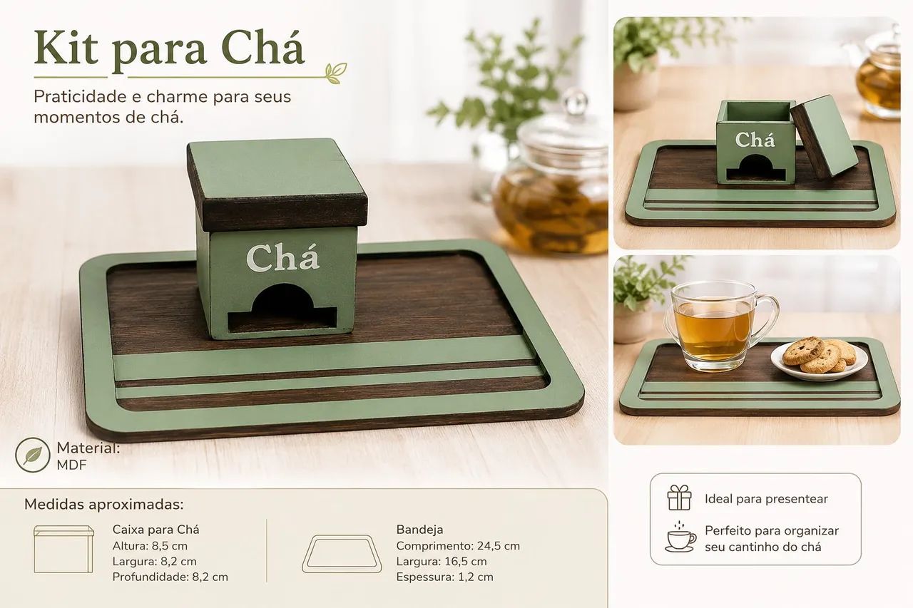 Kit Chá Com Caixa e Bandeja - MDF