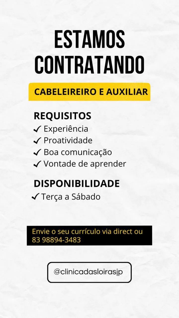 Vaga de emprega para Cabeleira/Auxiliar 