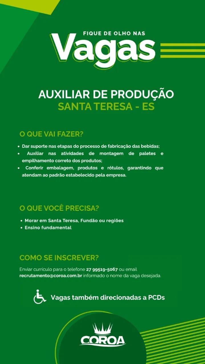 TÍTULO: AUXILIAR DE PRODUÇÃO - SANTA TERESA
