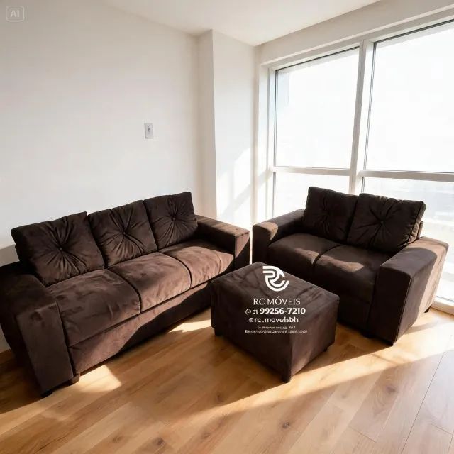 Conjunto Sofá 2 e 3 Lugares Puff Suede Bege D33 Aconchegante - Foto 2