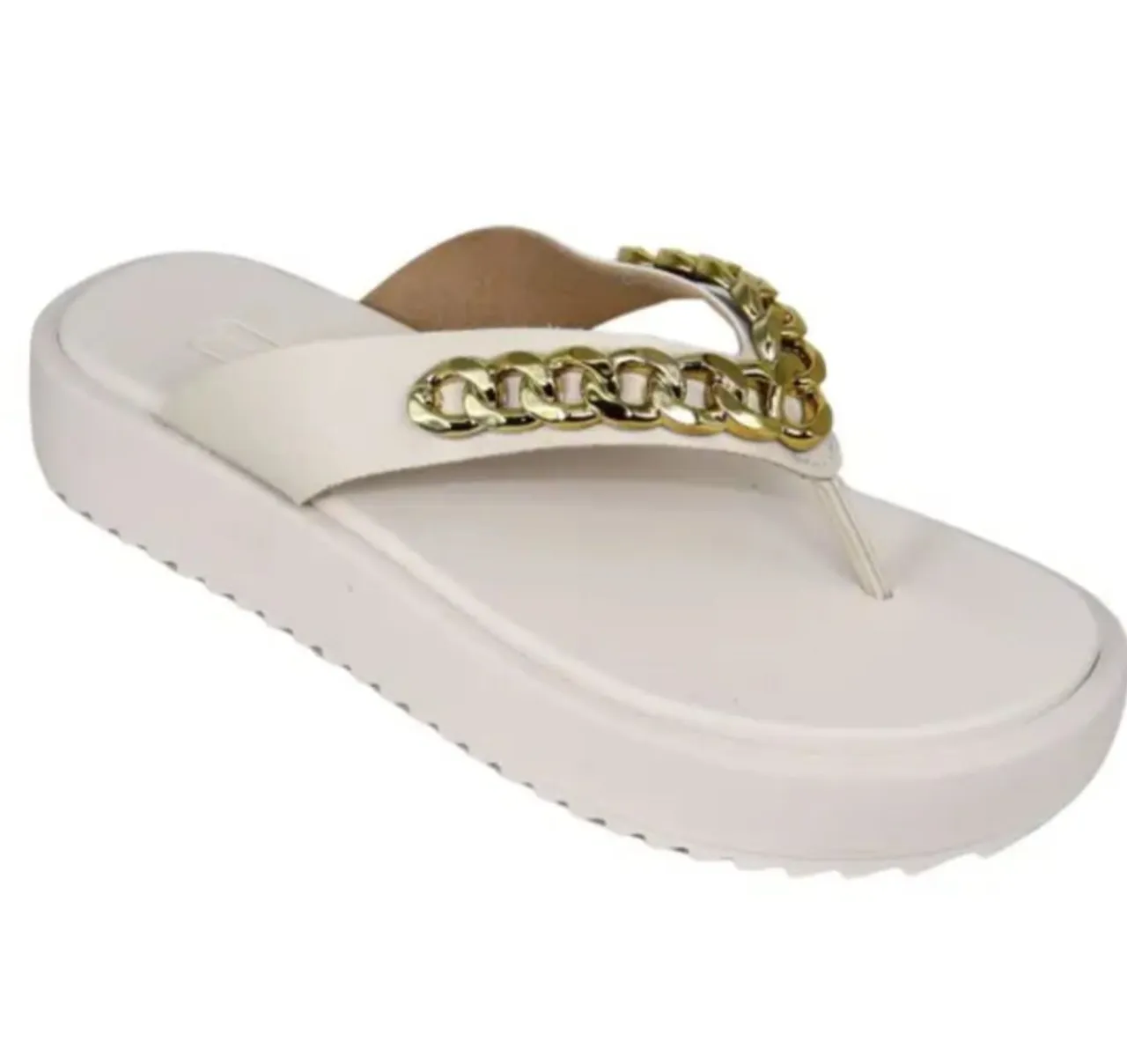 Sandália Feminina Plataforma Off White com Detalhe Corrente Dourada