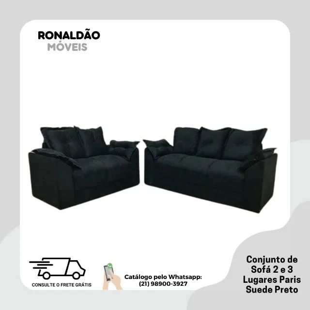 Conjunto Sofá 2x3 Lugares Paris Sued Preto - Entrega Rápida!  