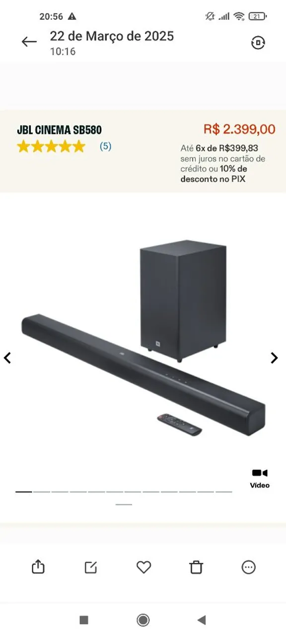 Soundbar JBL Cinema SB580 com Subwoofer
