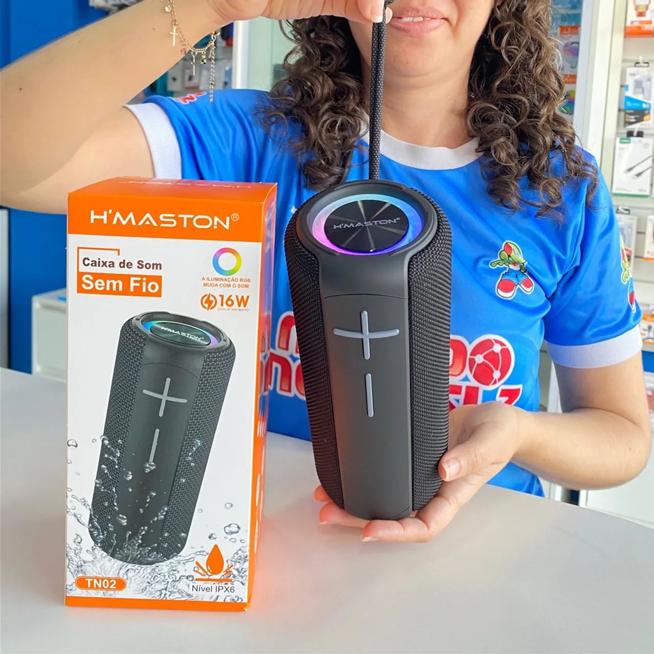 Caixa de Som Bluetooth Sem fio 16W com LED IPX6 Resistente a Água, TWS, Rádio - H'Maston 