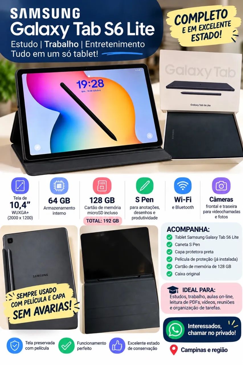 ? OPORTUNIDADE! SAMSUNG GALAXY TAB S6 LITE ? EXCELENTE CONSERVAÇÃO!