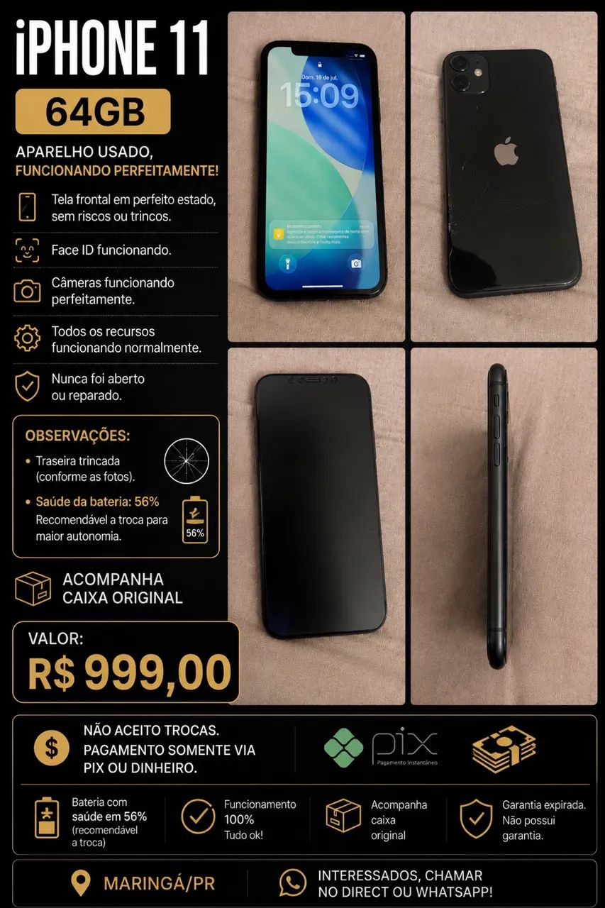 iPhone 11 64GB Preto - Funcionando Perfeitamente - R$ 999
