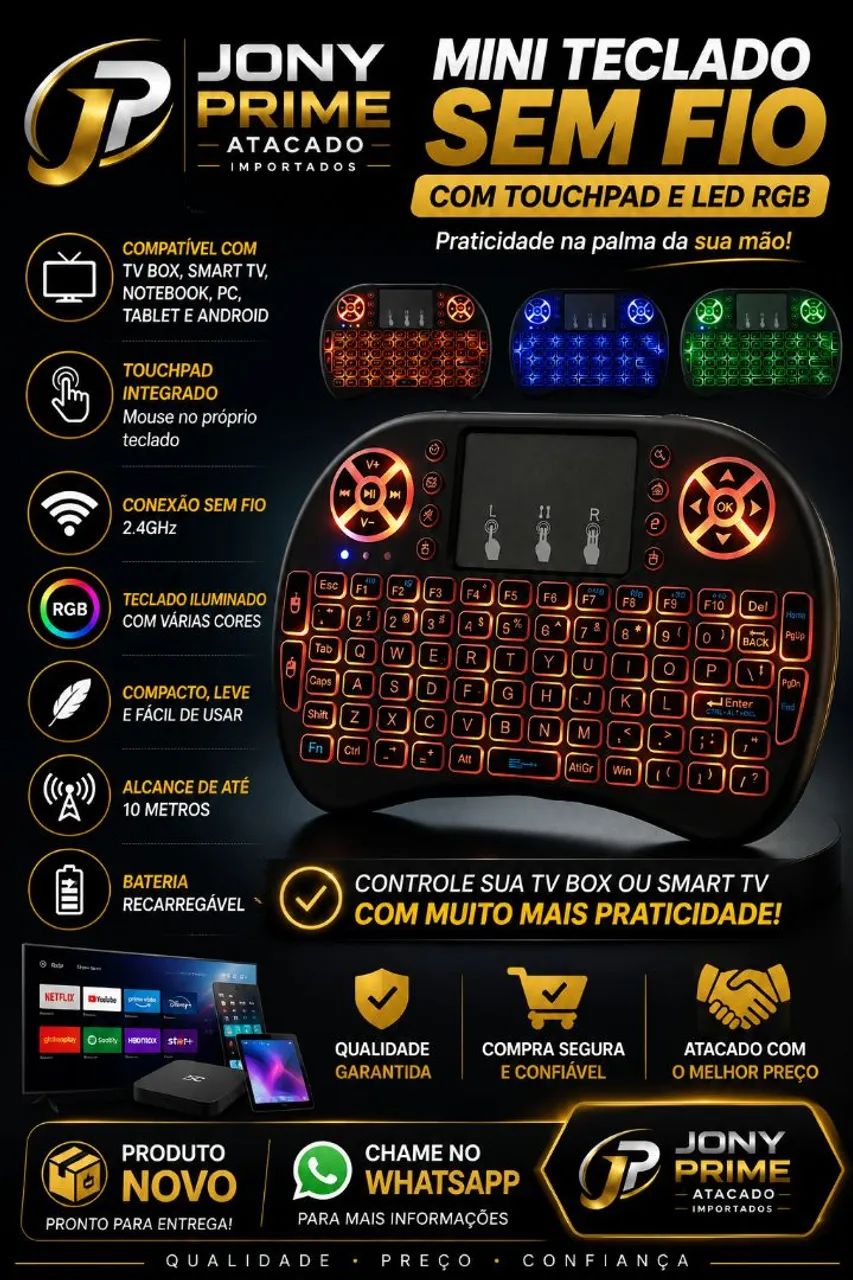 MINI TECLADO SEM FIO COM TOUCHPAD E LED RGB