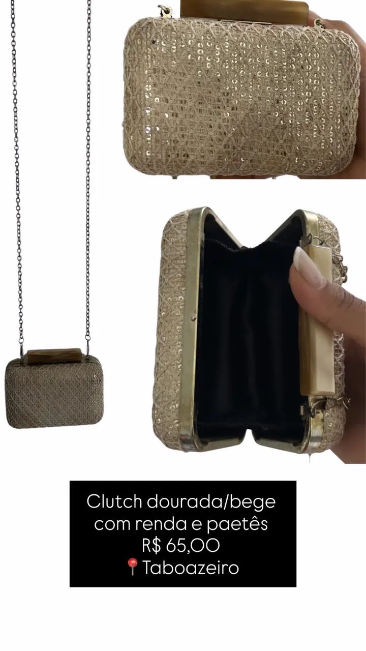 Clutch dourada/bege com renda e paetês 