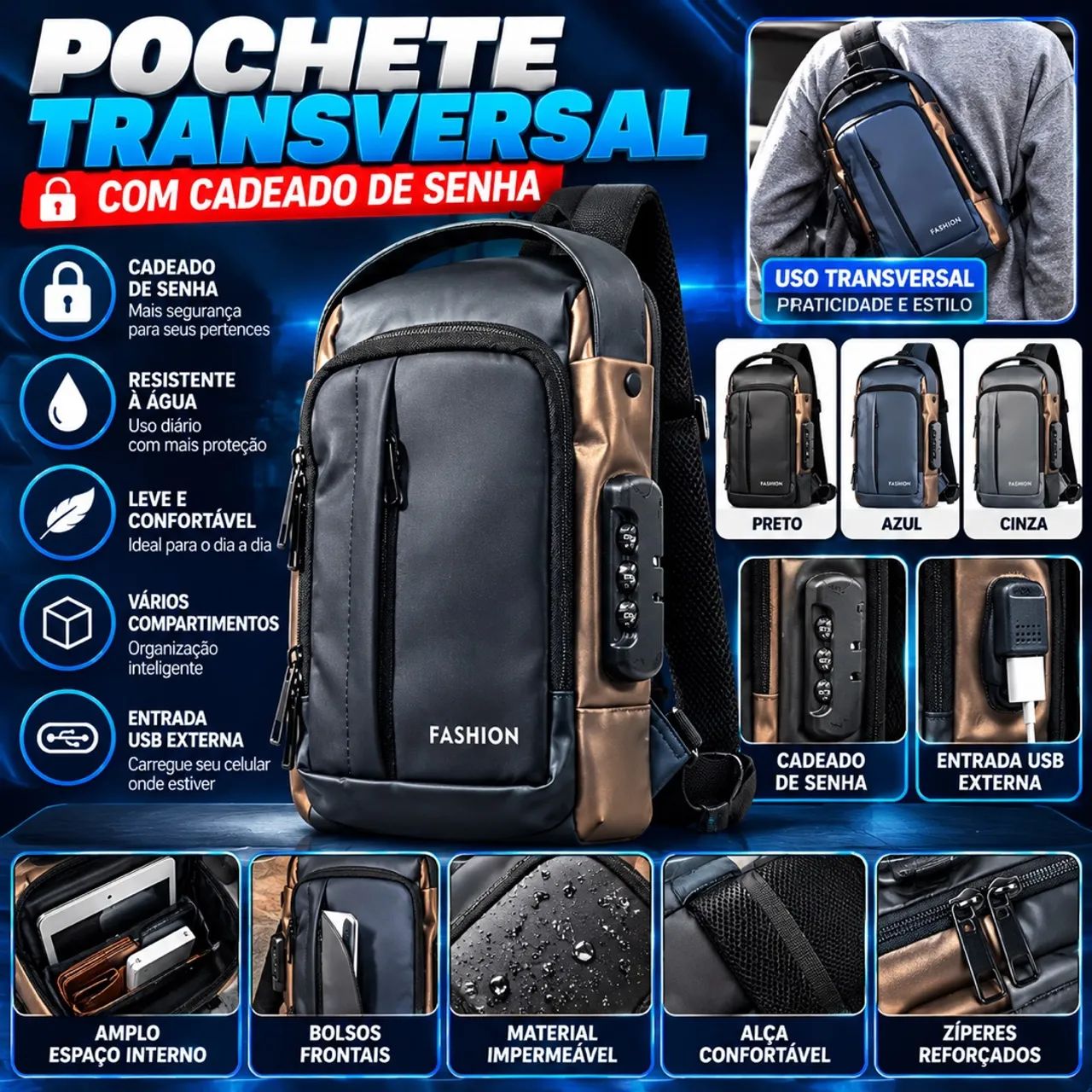 Pochete transversal com cadeado senha 