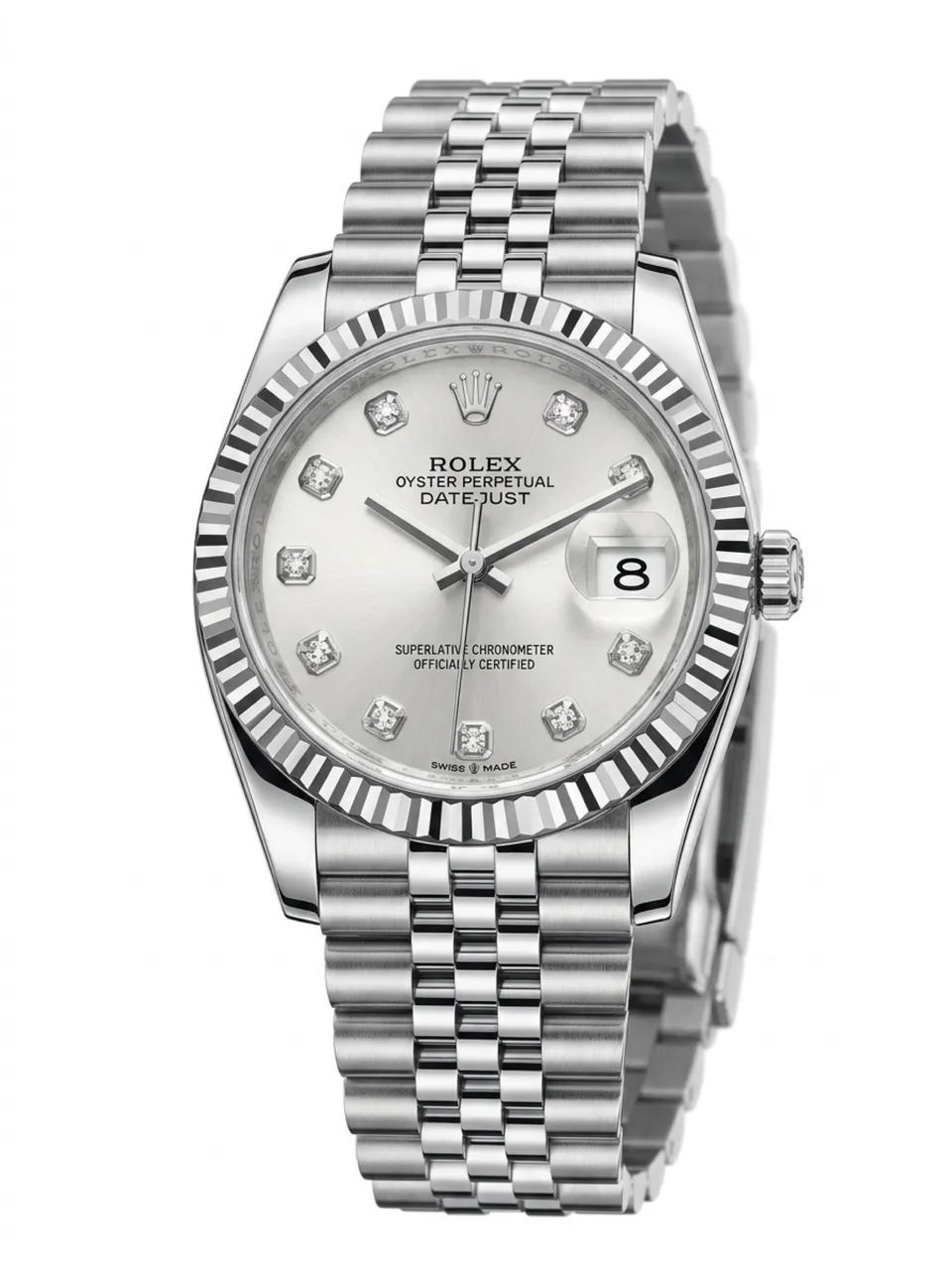 Rolex Datejust Prata com Brilhantes / Caixa e Papéis