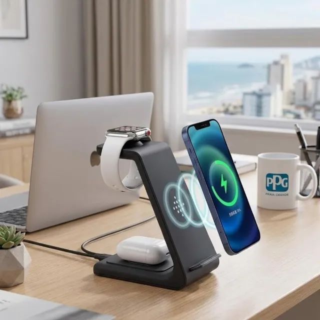 Carregador sem Fio para Iphone 3 em 1 Compatível com Apple iPhone/iWatch/Pods