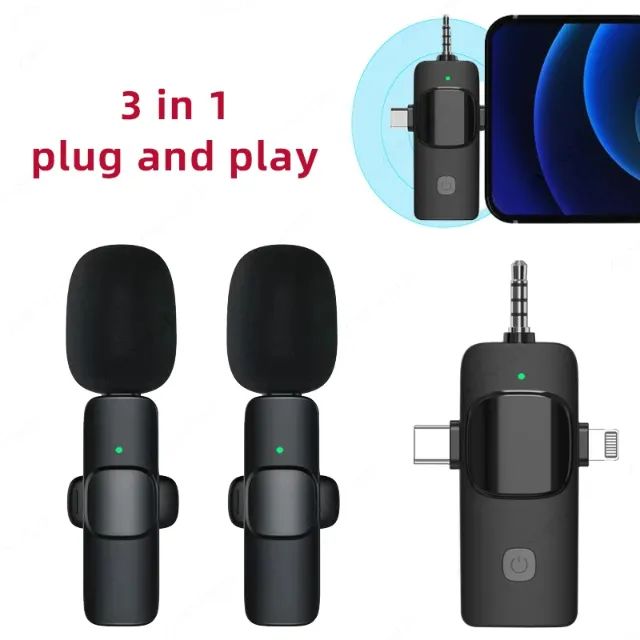 Microfone lapela sem fio para iphone, 3 em 1, tipo c, 3,5mm, câmera, computador.