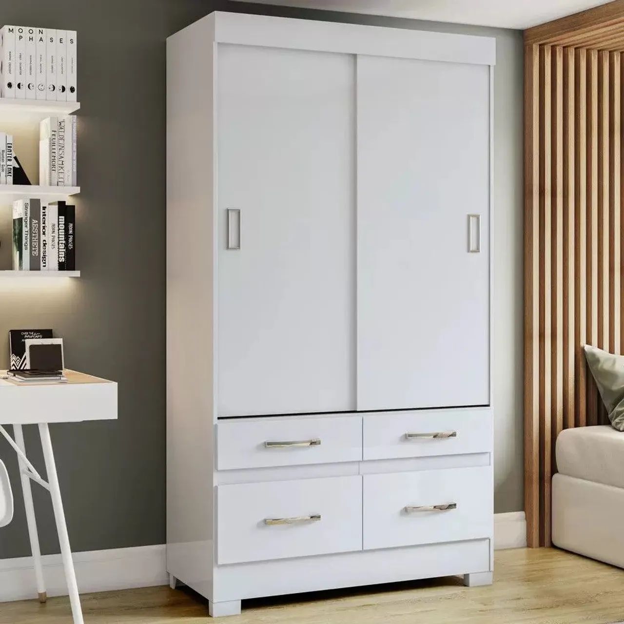 Guarda-roupa branco de correr com 4 gavetas