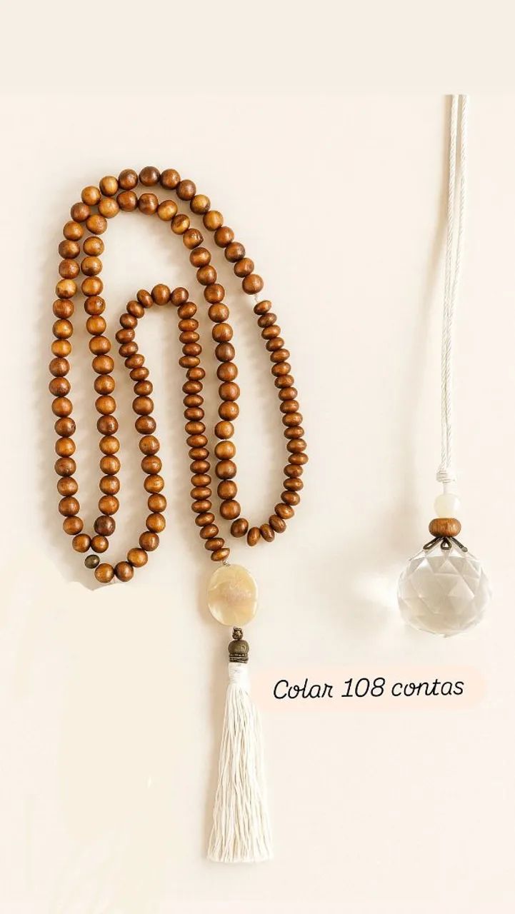 Colar japamala  108 contas de madeira e cristal multifacetado 