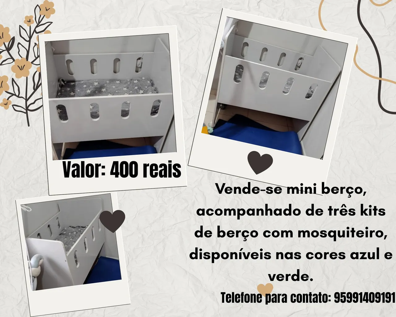 Mini berço + colchão + 3 kit de berço.
