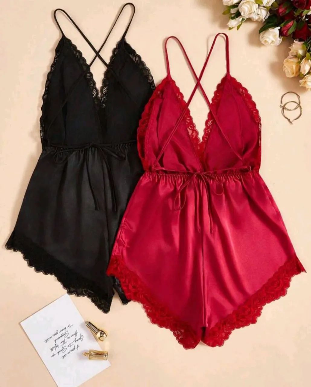 Body Romântico de Cetim com Renda - Vermelho - Foto 4