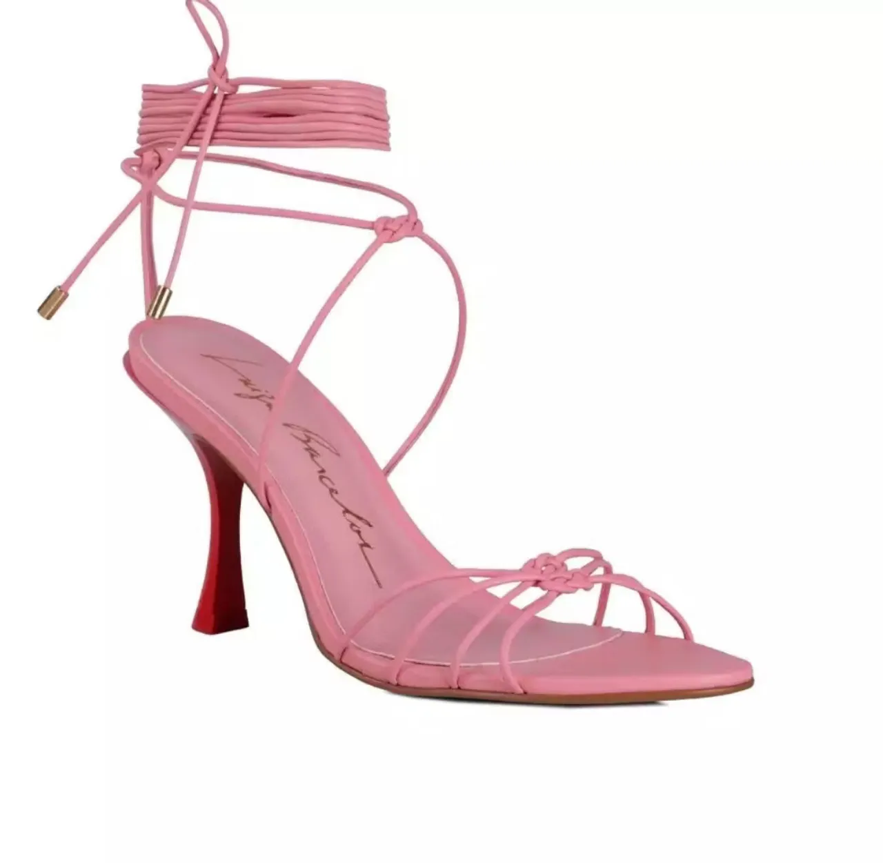 Sandália Em Couro Com Amarração.-Rosa Claro & Vermelha. - Salto: 9cm.- Luiza Barcelos