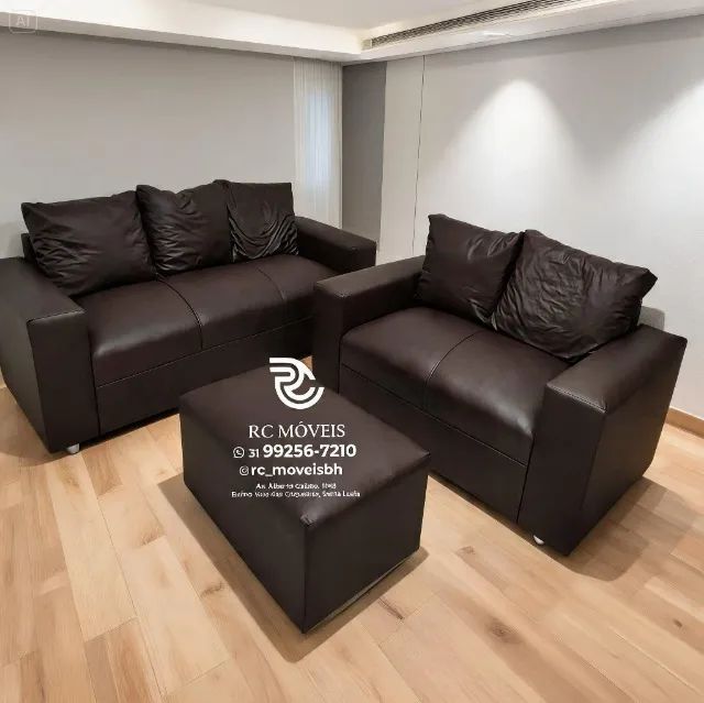 Conjunto Sofá 3 e 2 Lugares Puff Courino Preto D33 Durável - Foto 5