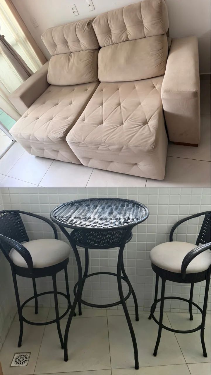 Sofá retrátil e reclinável e bistrô com 2 banquetas 