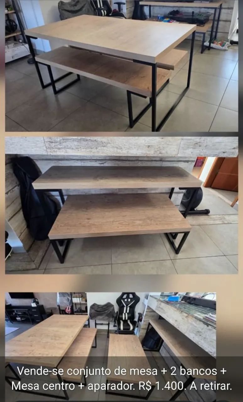 Mesa, bancos e aparadores, estilo rústico.