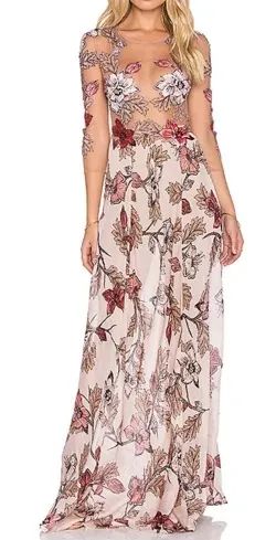 Vestido bege com transparência e flores