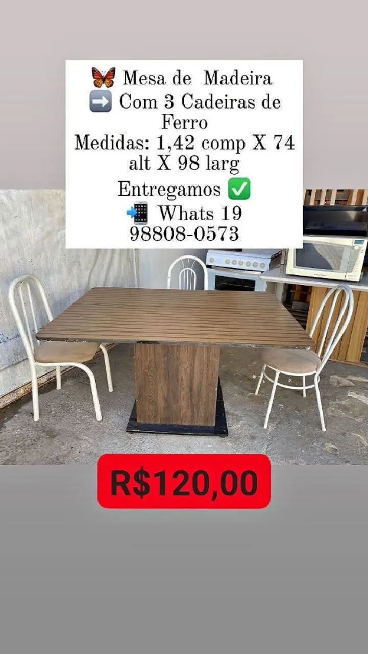 Mesa madeira com 3 cadeiras 