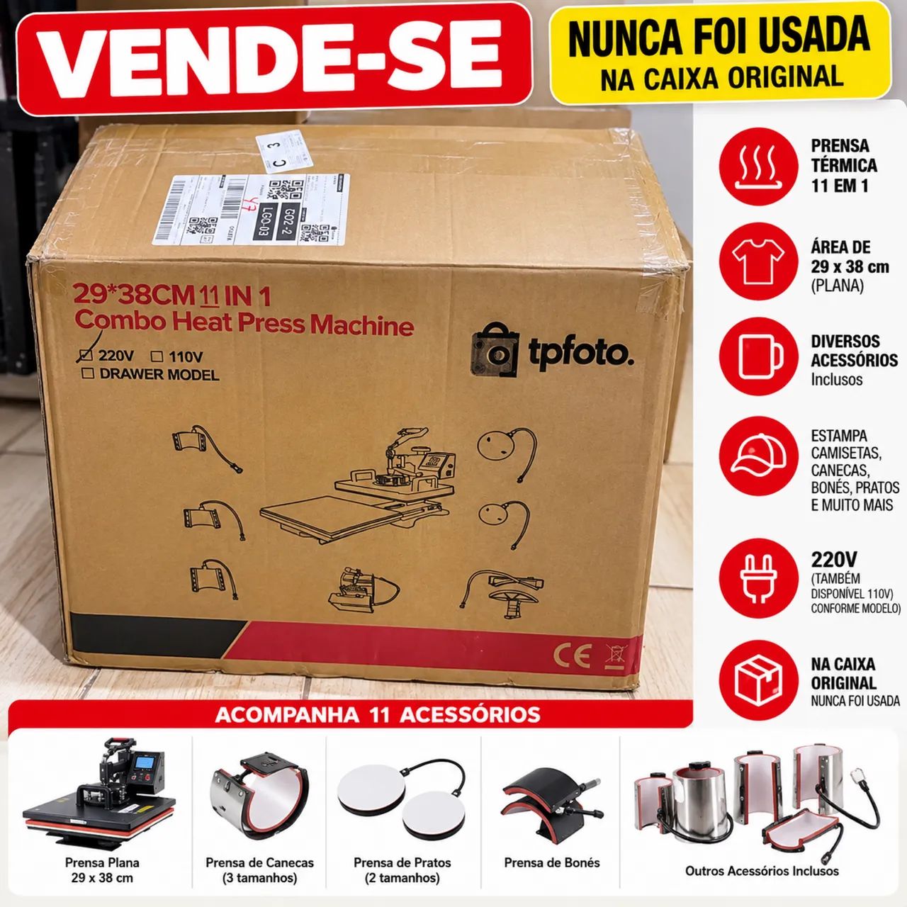 ? PRENSA TÉRMICA 11 EM 1 - NOVA, NUNCA USADA ? ? R$ 1.850