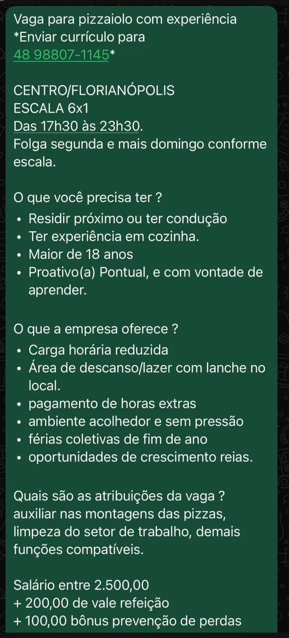 Vaga para pizzaiolo com experiência 