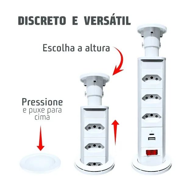 Torre de Tomada Retrátil 3 Tomadas com Entradas USB e Tipo C (branco) - Foto 5
