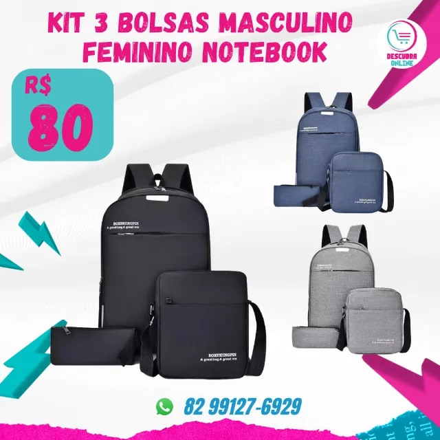 kit 3 bolsas masculina feminina notebook