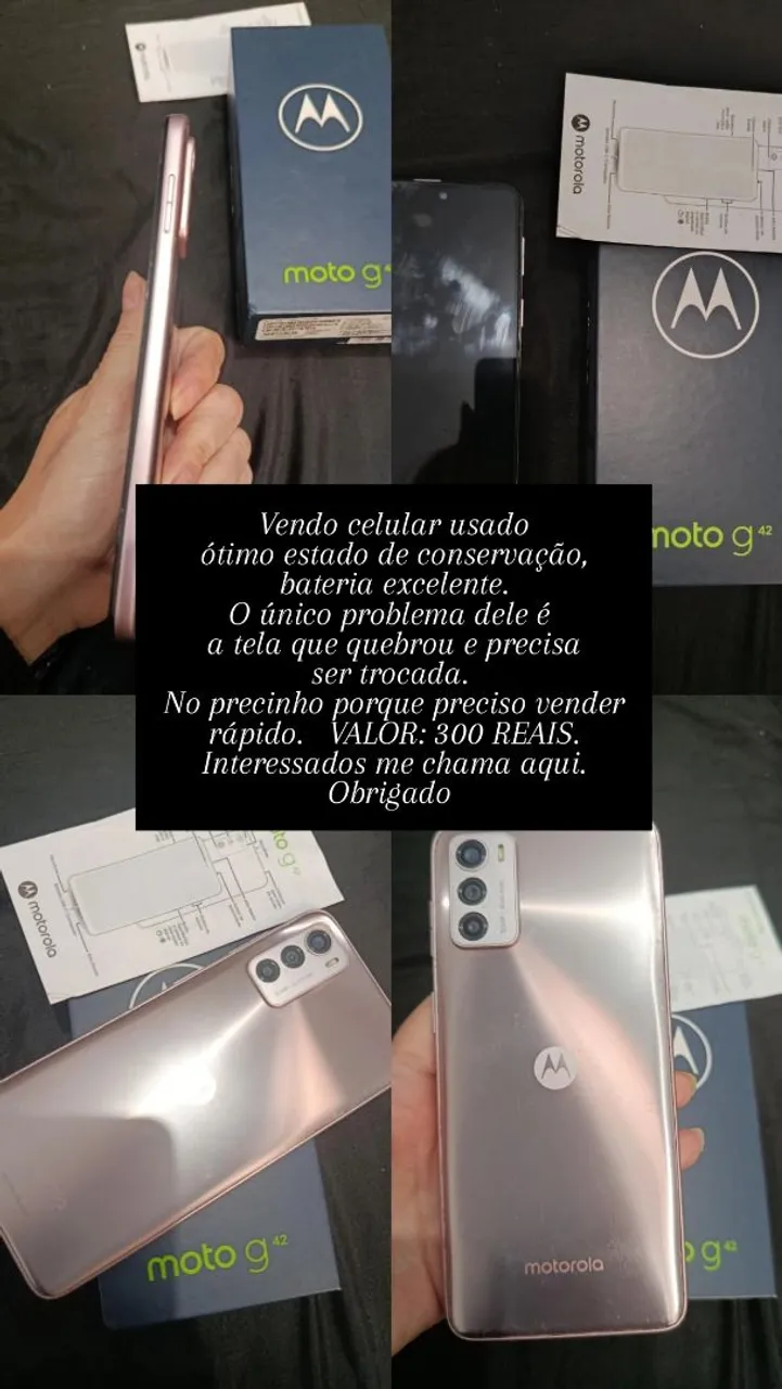 Moto G42 usado,em ótimo estado, mas com tela quebrada e sem imagem. De resto tudo 100%