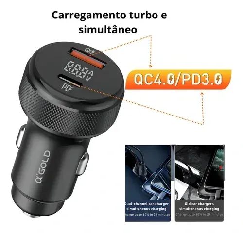 Carregador Veicular 12v 60w Turbo Usb-c + Usb-a 3.0 Com Led - Foto 4