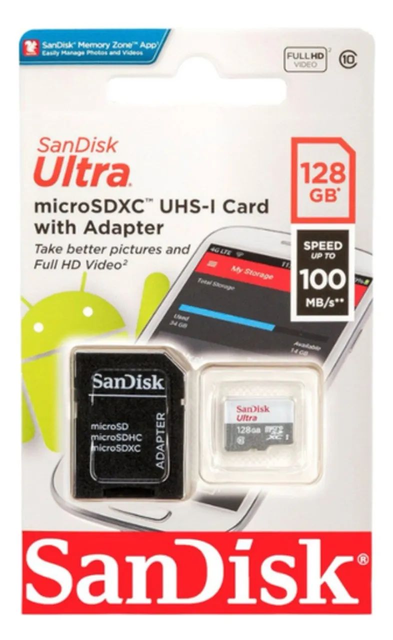 Cartão de Memória SanDisk 128GB MicroSD Ultra Classe 10 +Adaptador SD