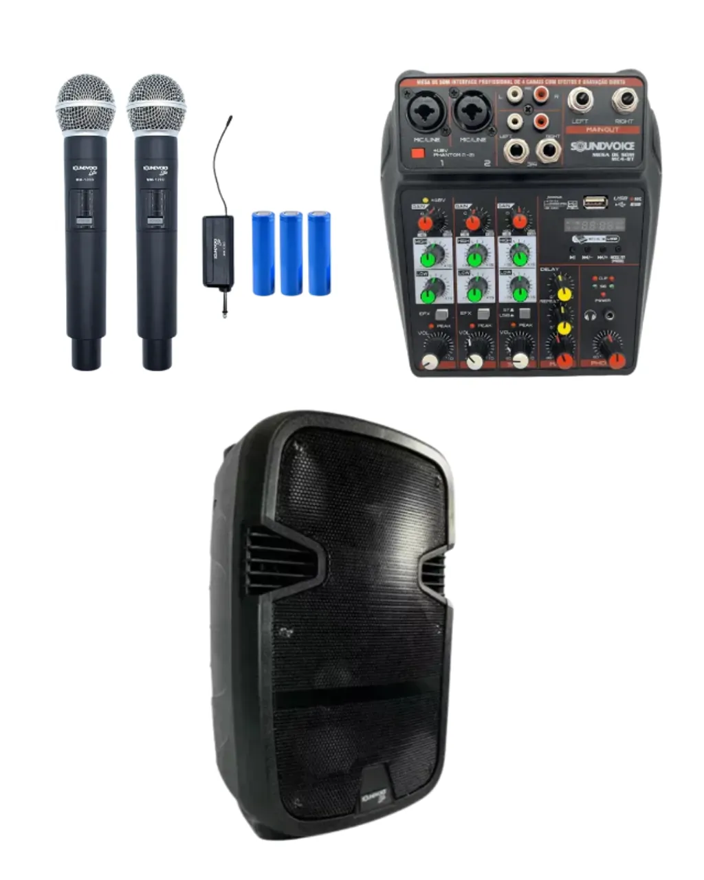 KIT CAIXA Ca-120 + MESA DE SOM MC4-BT + MICROFONE DUPLO SEM FIO VHF
