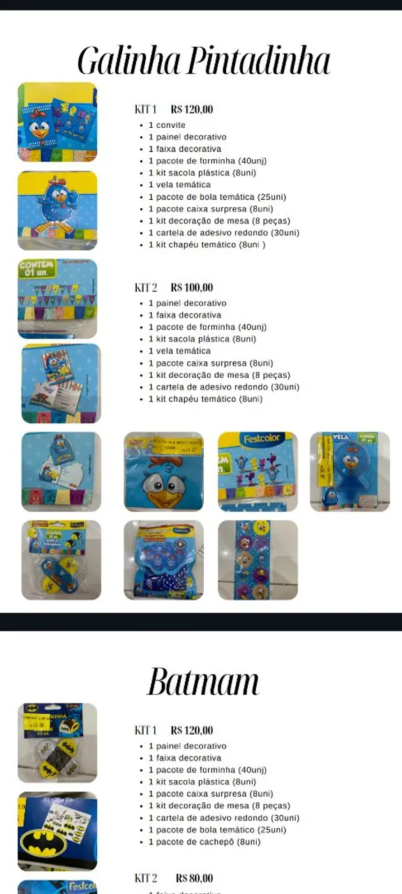 Kits de decoração para festa. R$ 50,00