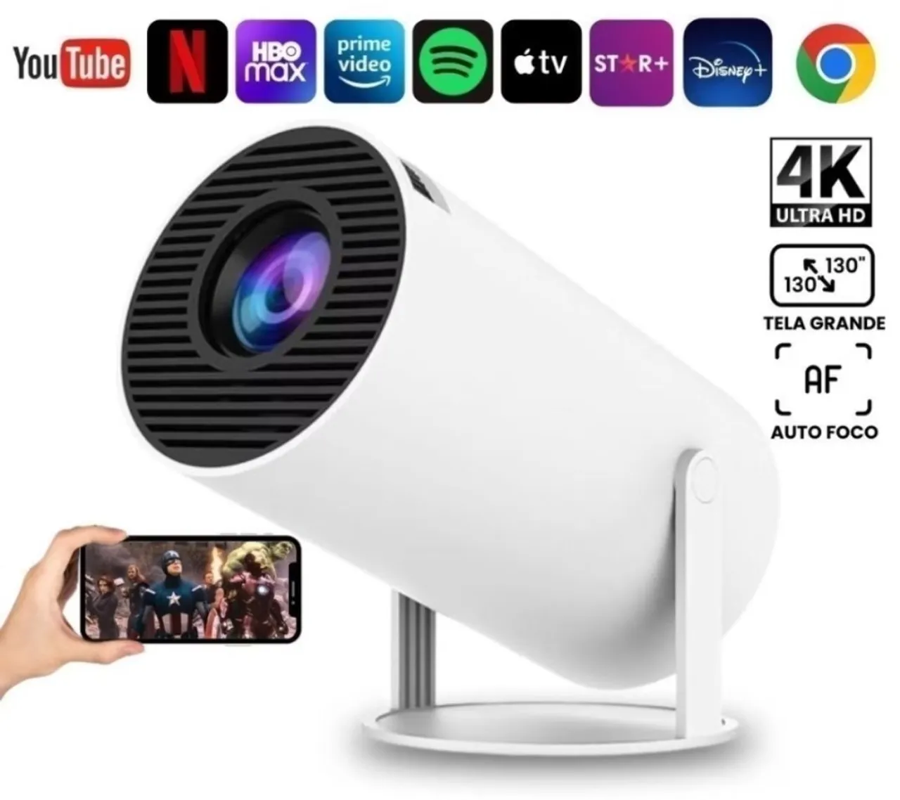 Projetor Portátil 4K com Tela Grande - Auto Foco