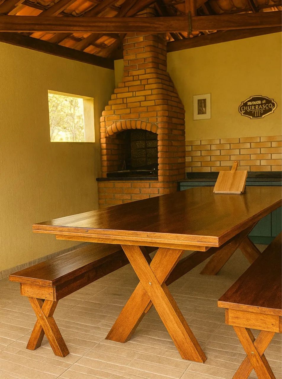 Mesa rústica de madeira maciça com bancos 64315286012801120
