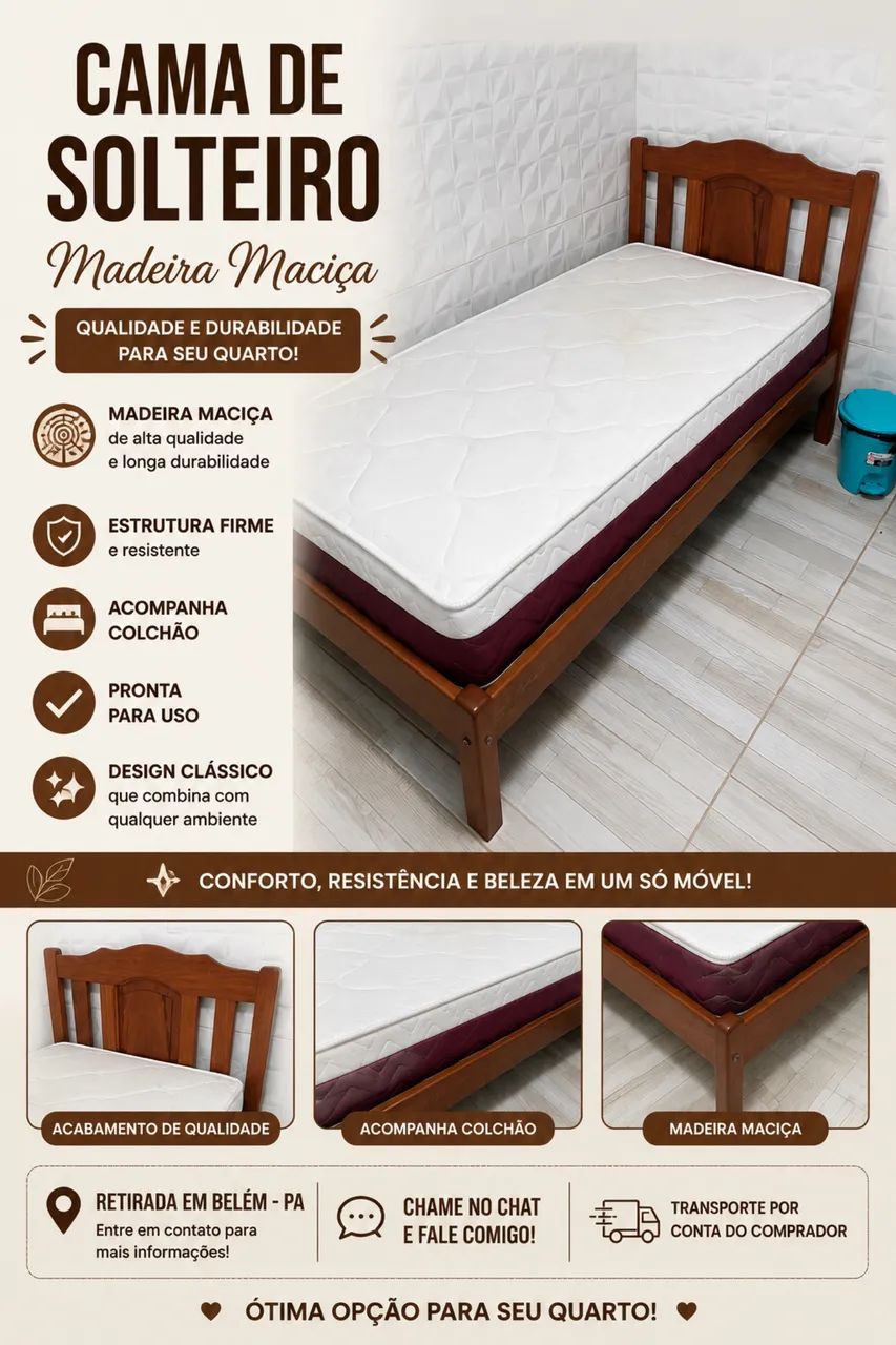 Cama de solteiro em madeira maciça 