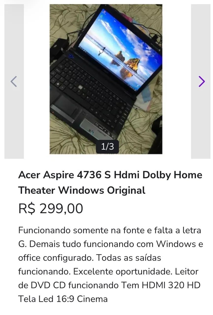 Notebook ACER ASPIRE 4736 S - Funcionando! No Estado. - Foto 3