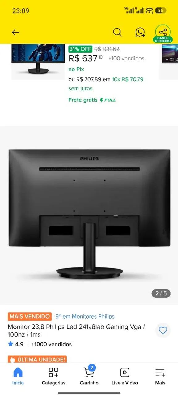 Monitor Philips de 23,8 polegadas, modelo 241V8LAB, ideal para jogos, trabalho ou estudo - Foto 3