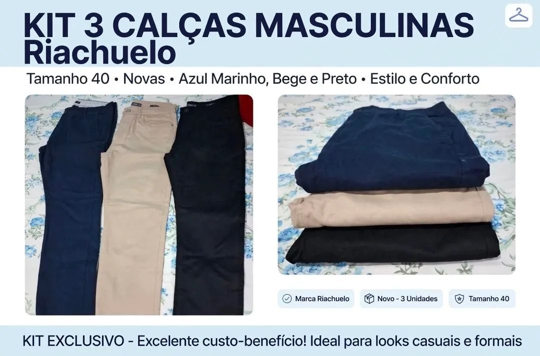 Calça reta masculina. NOVA e 3 CORES BÁSICAS.
