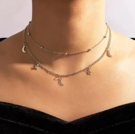 Colar Gargantilha Choker Dupla Luas e Estrelinhas