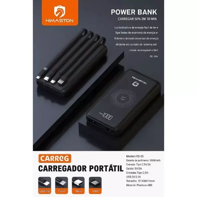 Carregador Portátil Power Bank Turbo Bateria 10000mah Por Indução C/ 4 Cabos Universal - Foto 2