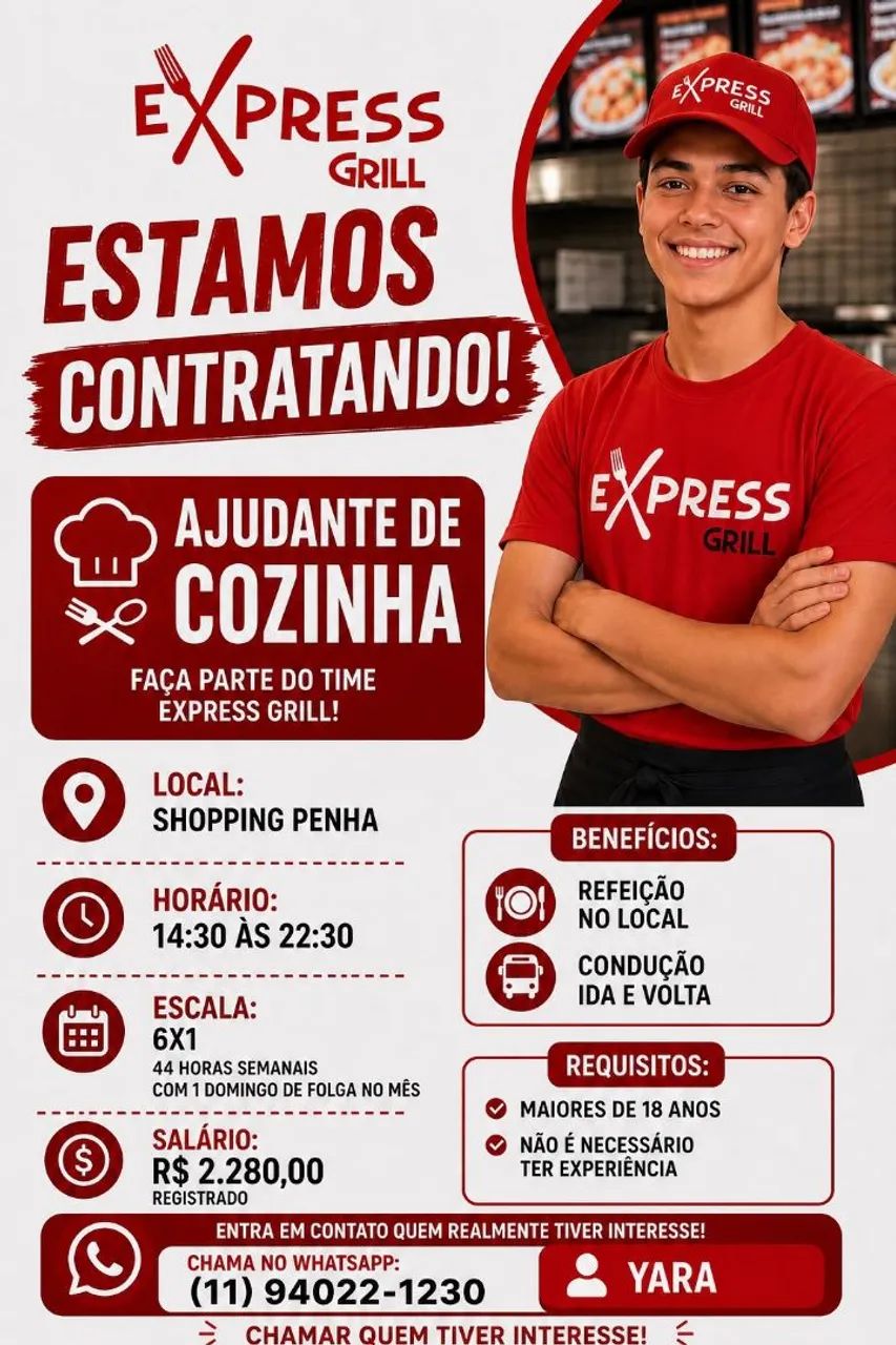 Ajudante de cozinha, atendimento balcão 