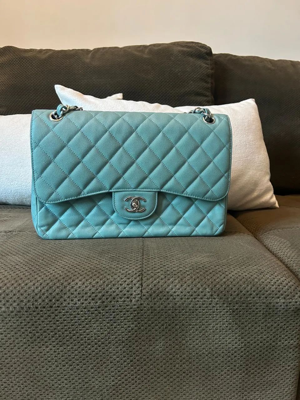 Bolsa nova Chanel maxi bag couro legitimo caviar azul tiffany corrente prateada 