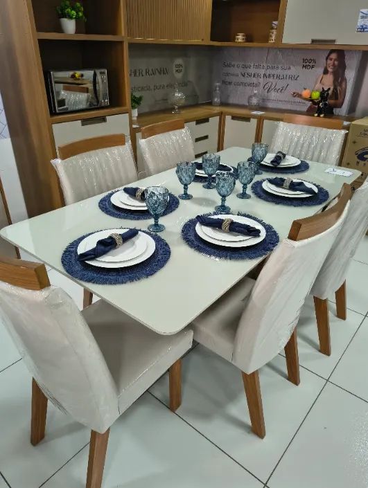 Conjunto de Mesa Veneza 180 com vidro 6 Cadeiras