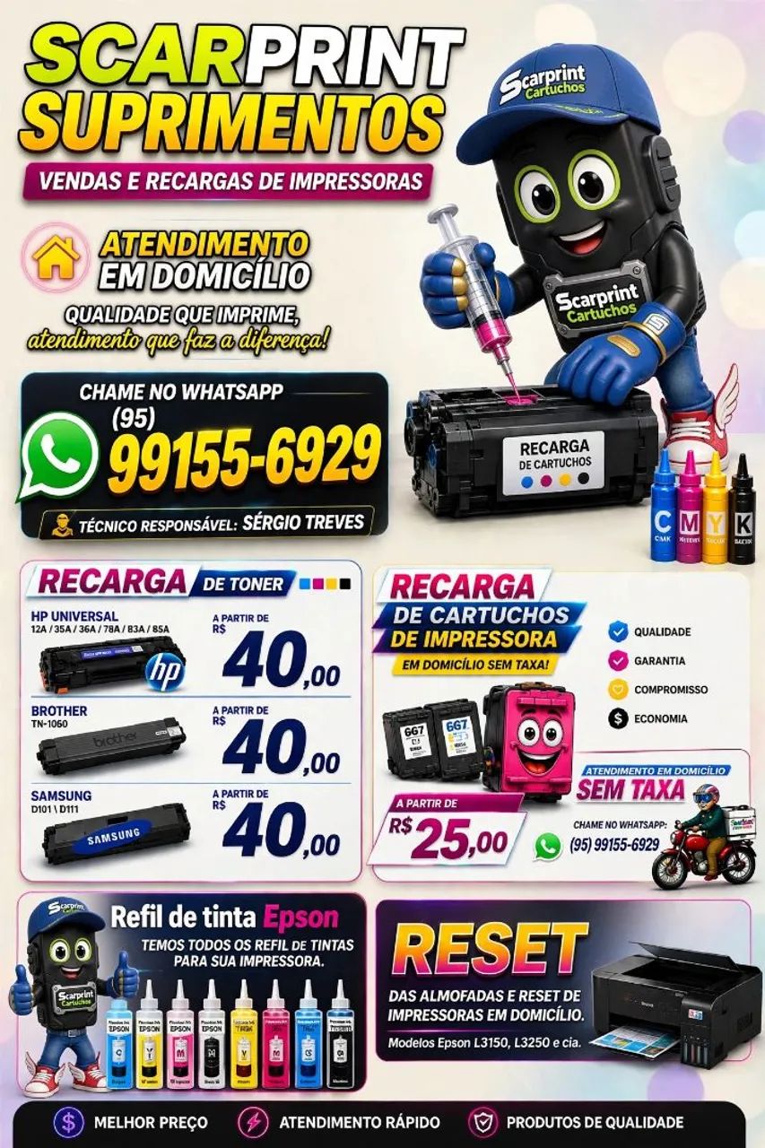Suprimentos vendas e recargas de impressoras em domicílio 