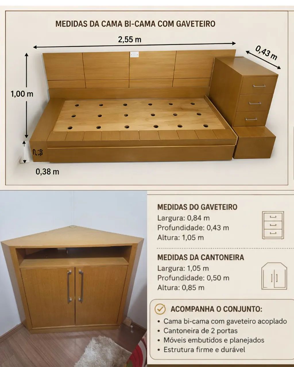 Conjunto Planejado em Madeira: Bicama com Gaveteiro + Cantoneira - Foto 2
