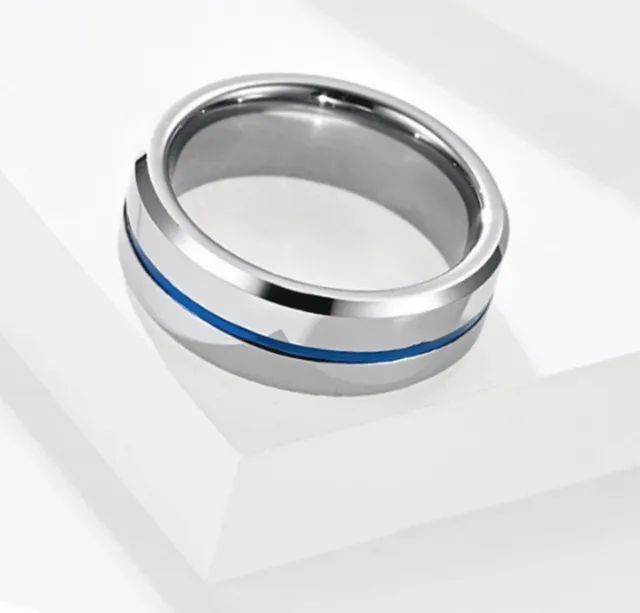 Anel Aliança Compromisso Aro Azul Açoinox Casual 8mm Prateado - Foto 3