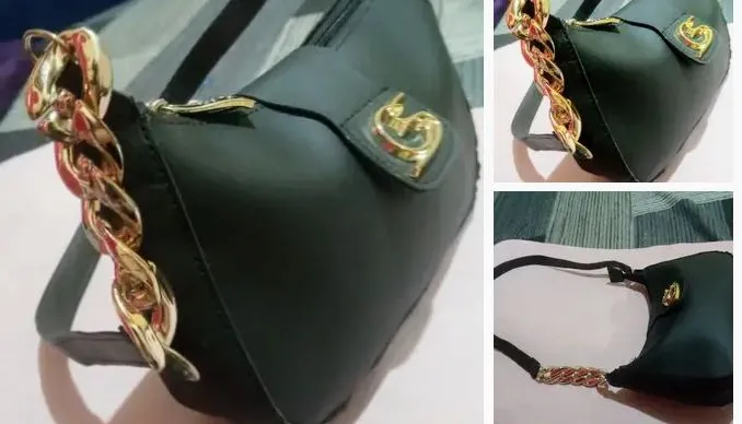 Bolsa de Ombro Preta com Detalhes Dourados